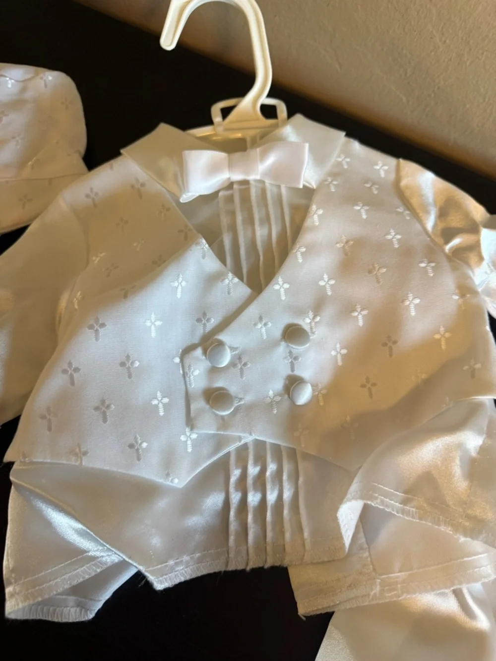 Vtg Baby Boy Christening Baptism Tuxedo Set White Satin Cross Embroidery  6-9M